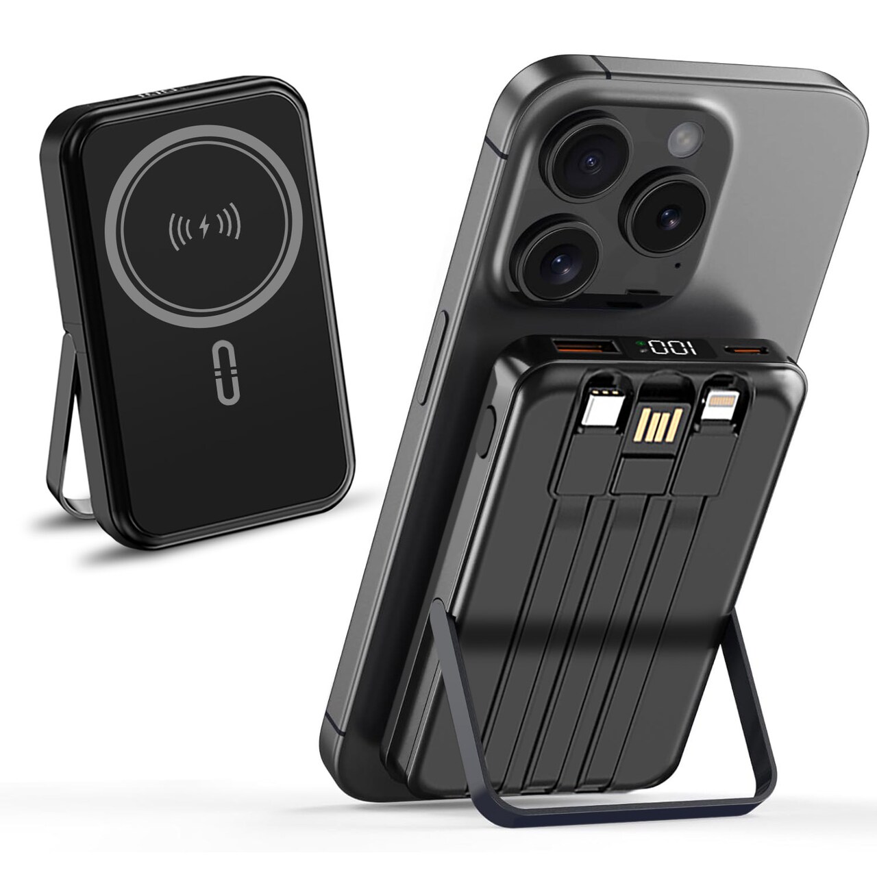 Magnetic Power Bank, 10000mAh Wireless Charging, Fast Charging, Foldable Stand, Strong Magnet, 3 Built-in Cables, LED Digital display, for iPhone 16/15/14/13/12 Series.